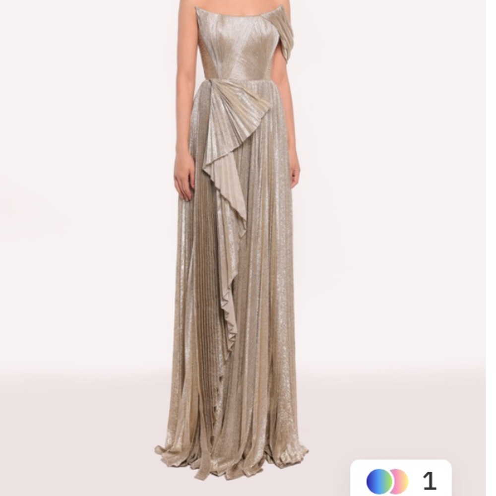 Tarik Ediz Gold Pleated Off-the-Shoulder Gown